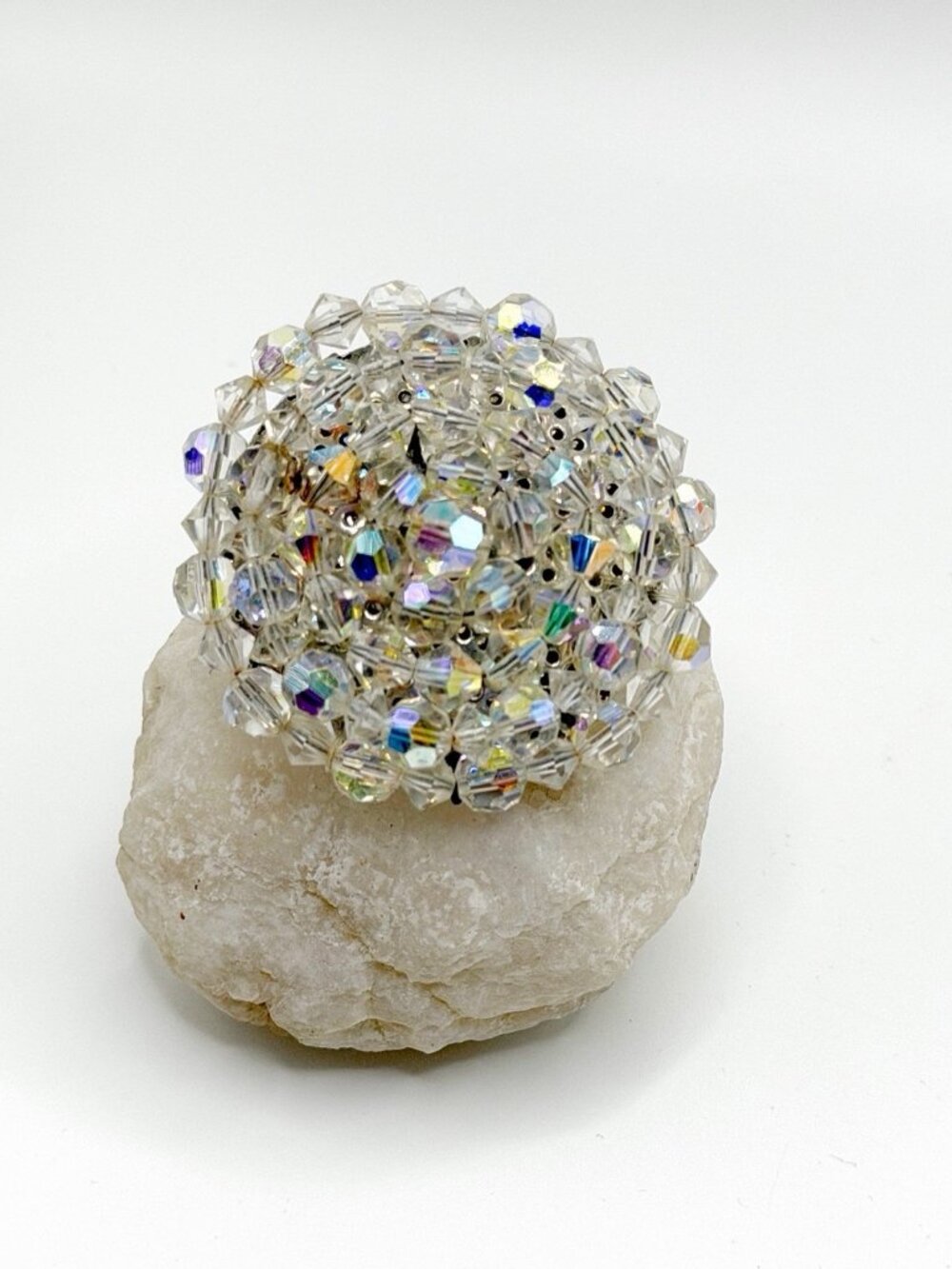 Vintage Aurora Borealis AB Glass Bead Cluster Rhinestone Round Brooch Pin 1.75”